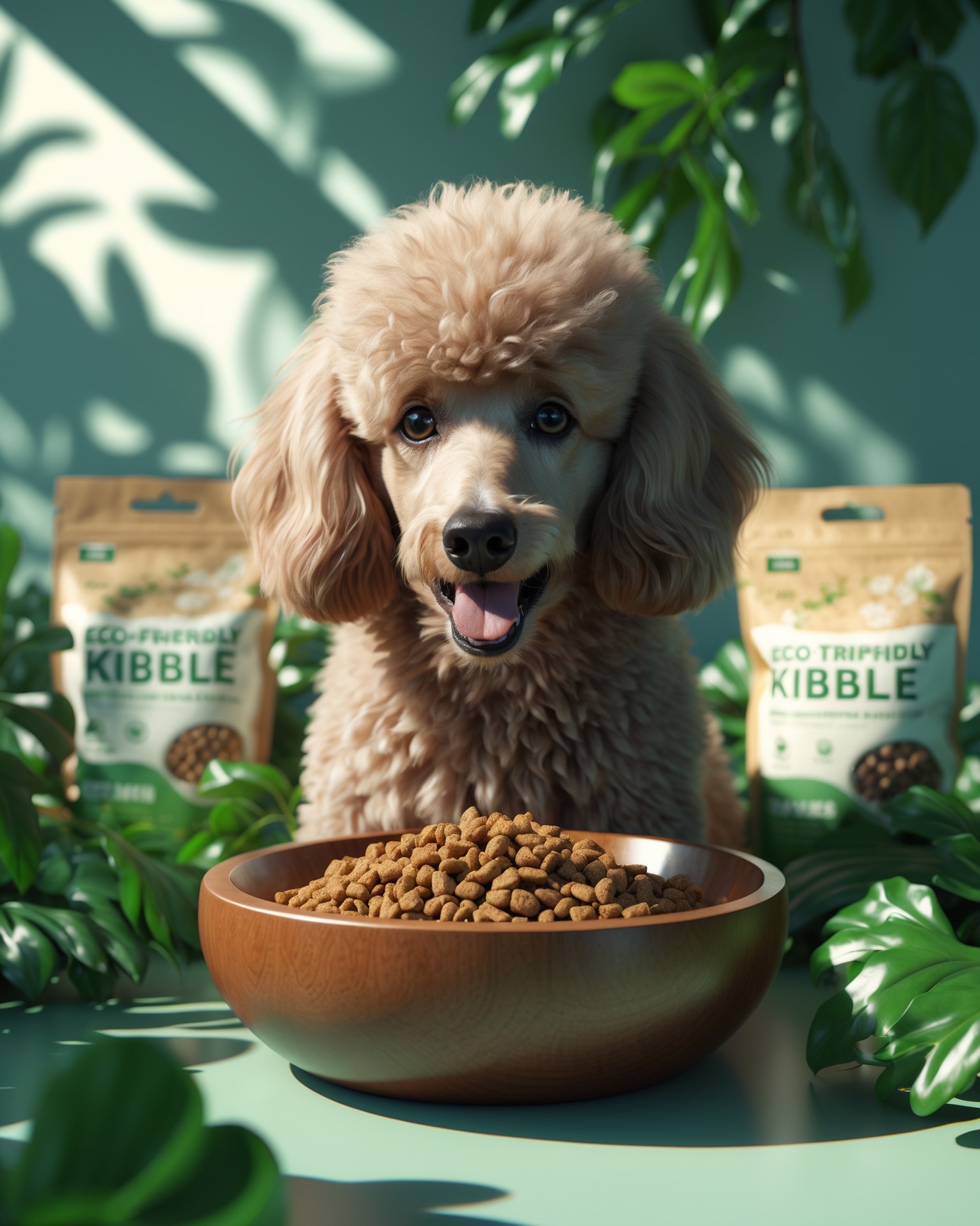 A happy dog eating organic kibbles from a stylish wooden bowl, with eco-friendly packaging in the background, emphasizing healthy and sustainable pet food choices.