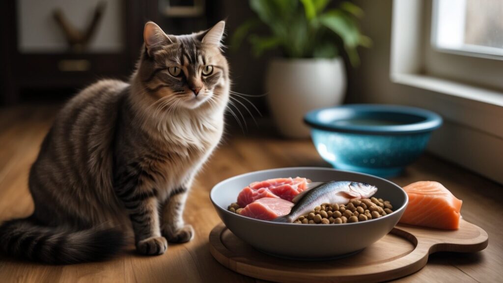 Healthy cat sitting next to a bowl of nutritious food, highlighting the importance of feline nutrition with protein, vitamins, and hydration.
